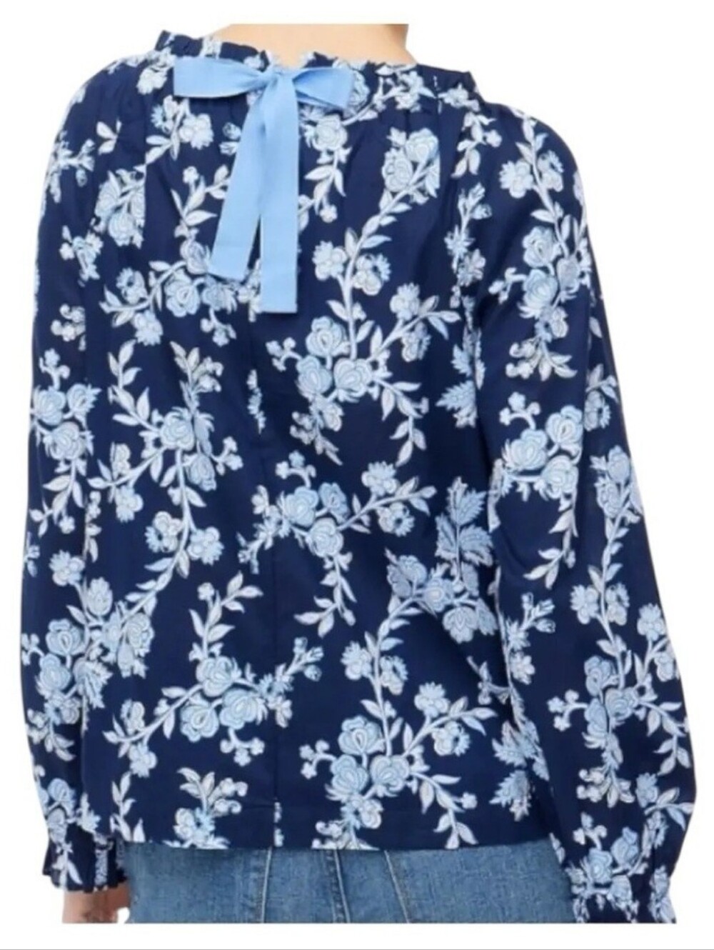 J. Crew XL Navy Blue Floral Peasant Blouse Long Sleeve Shirt 100% Cotton BP805 - Picture 3 of 10